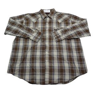 Plains Western Wear Shirt Mens XL Brown Plaid Pearl Snaps Cowboy Long Sleeve